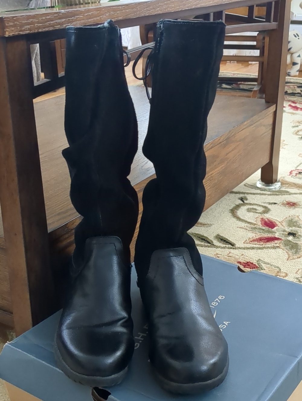 G.H.Bass-Rayna Lace Back Detail Lined Leather Tall Boot Black 6.5M